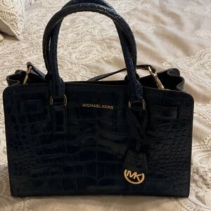 Michael Kors Dark Blue Crocodile Embossed Satchel